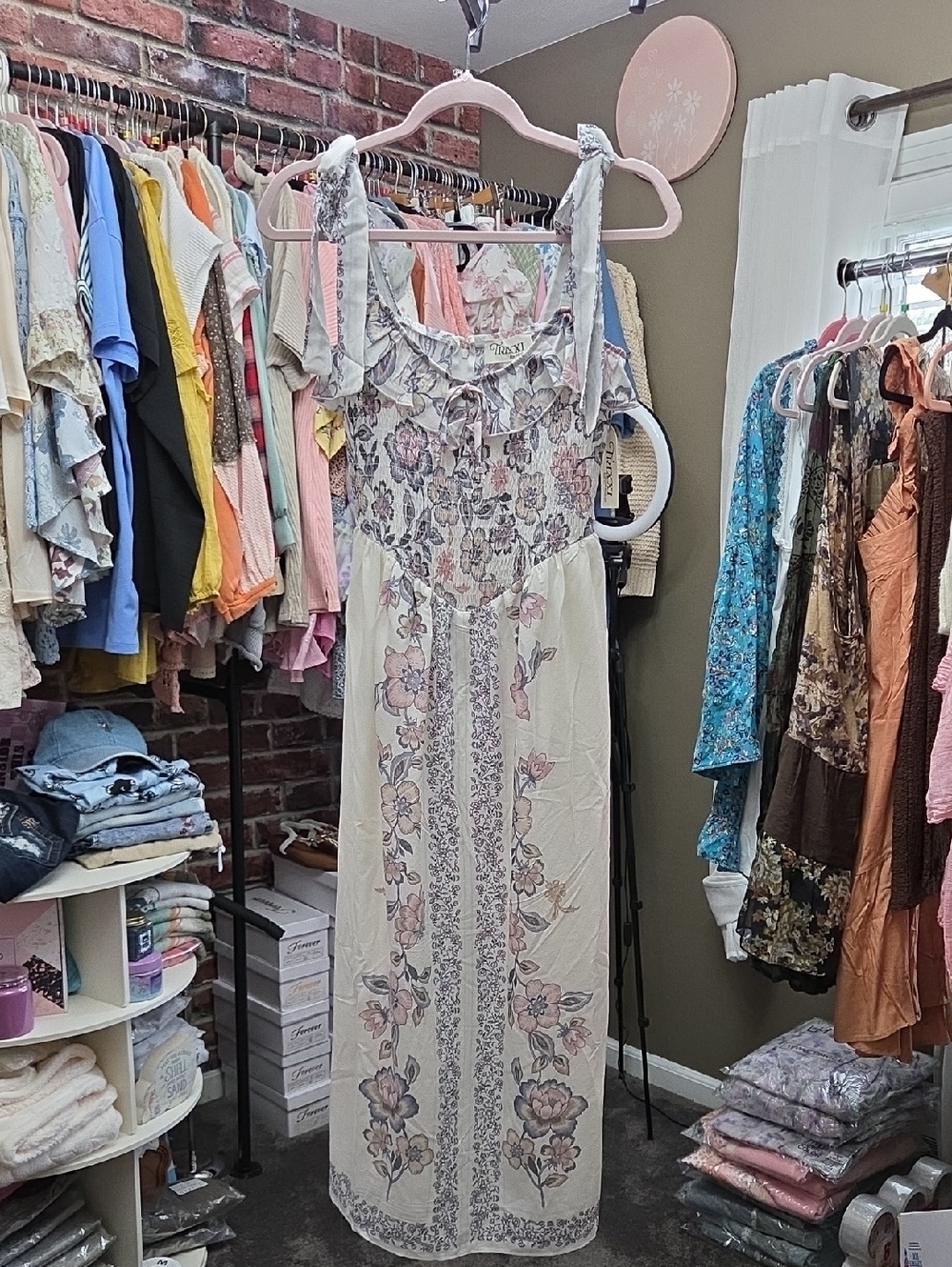 Trixxi Cream Maxi Dress with With Linning &  Pink & Purple Floral Print